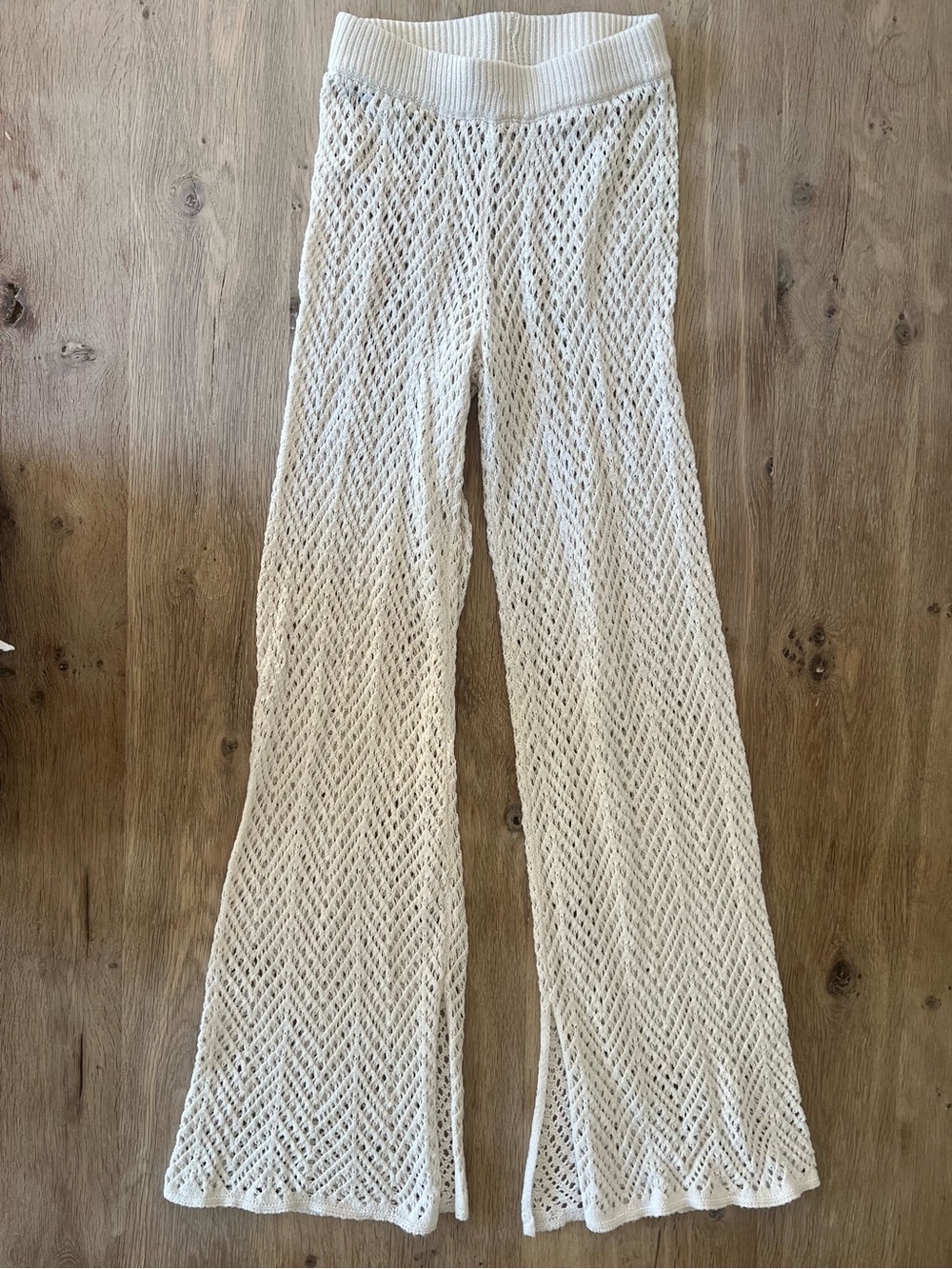 Cream Crochet Knit Flare Pants Boho Beach - small
